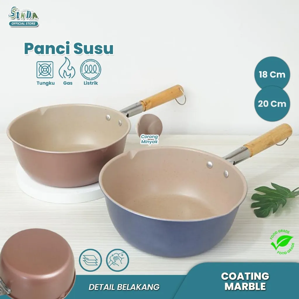 Sinda Panci Susu Anti lengket Panci Marble Penggorengan Masak Mie 18cm & 20cm Gagang Kayu